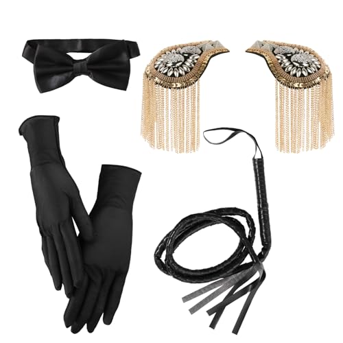 Aislor Ringmaster Circus Costume whip Tassel Epaulettes Gloves Bowtie for Lion Tamer Ring Master Themed Party Gold One Size