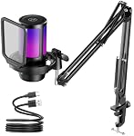 InnoGear Jeu USB Microphone, AI-Bruit Annulant Condenser Mic avec Mute, Gain, RGB Indicateur, Boom Arm Stand pour le streaming, Podcast, Twitch, YouTube, Discorde, PC, Ordinateur, PS4, PS5, Mac, Noir