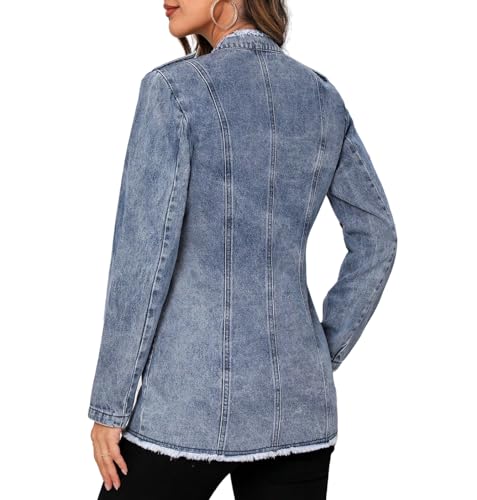LifeShe Women's Denim Jacket Plus Size Double Breasted Button Raw Trim Jean Jackets Coat2