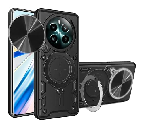 Image of SPAZY CASE Realme 12 Plus 5G / Realme P1 5G / Narzo 70 5G / Narzo 70 Pro 5G Back Case | Hybrid Case with 360 Degree Rotating Finger Ring Holder + Slider Shutter Camera Protection Cover - Black