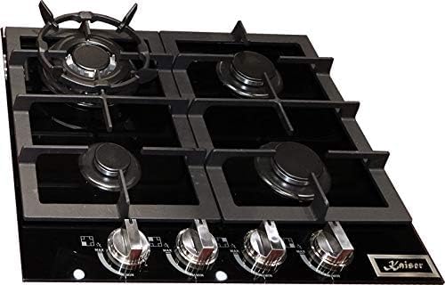 Kaiser KCG 6387 Gas Kochfeld 60cm, Autark,Gaskochfeld,Gas auf Schwarzem Glas,Glaskeramik Gaskochfeld Einbau, Gasherd Einbau,3,8 kW Wok mit Adapter,4 flammig,Erdgas,Fl.Gas,Bedienblende aus Edelstahl