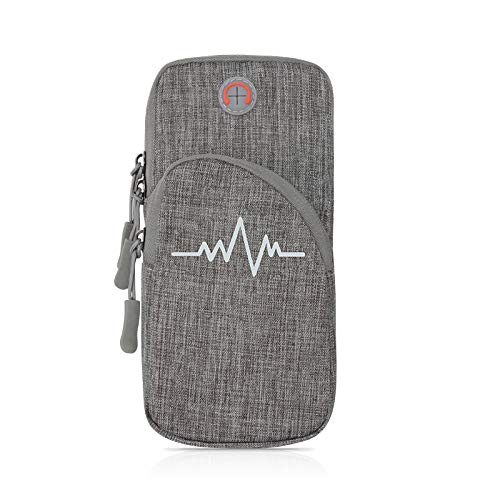Adjustable Phone Arm Bag, Soft Running Armband, Sports Phone Pouch Arm Case Holder with Earphone for Women Men iPhone Cards Money, Gray