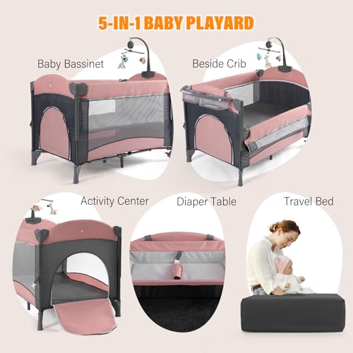 Image of Soobaby 5 in 1 Baby Crib,Baby Bassinet, Bedside Cribs, Pack and Play with Changing Table, Portable Travel bedToys & Music Box,Mattress for Girl Boy Infant Newborn (Pink)