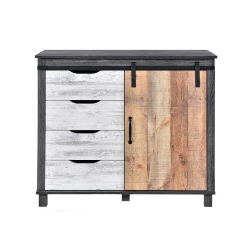 Image of Driftwood Engineered Wood Storage Cabinet | Industrial Cabinet with 4 Drawers, Sliding Door & Shelves | Multi-Purpose Organizer for Living Room, Bedroom & Office | Grey & Rustic Oak Finish