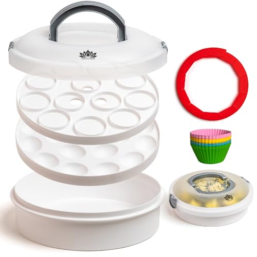 Lotus Fine Goods Premium 4 in 1 Cupcake Carrier with Lid - Cupcake, Deviled Egg, Pie & Cake Container - Includes Pie Crust Shield & 12 Silicone Baking Cups