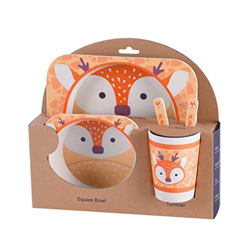 Masterein Enfants Arts de la Table Set 5pcs bébé Cartoon Fibre de Bambou Bol Animal de Vaisselle Enfant en Bas âge Coupe Fourchette cuillère