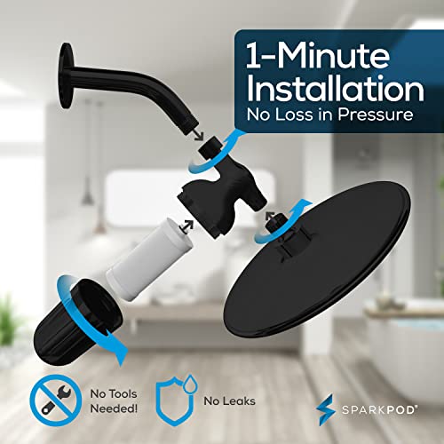 SparkPod Shower Head Water Filter and Cartridge - 150 Stage Shower Filter - Up to 95% Chlorine & Heavy Metals Removal - for Soft Hair and Skin - Midnight Black Matte - Shower Softener Filter