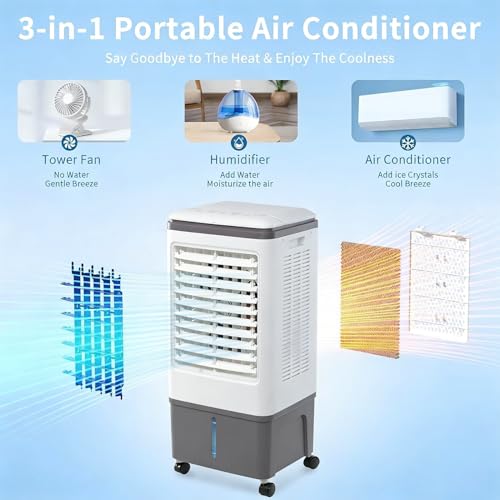 مبرد هواء تبخيري، مروحة تبريد تي دو مع 3 اوضاع و3 سرعات، مكيف هواء بدون نوافذ مع جهاز تحكم عن بعد بمؤقت 12 ساعة، وحدة تكييف محمولة مع خزان مياه سعة 20 لتر، تبريد سريع للغرفة