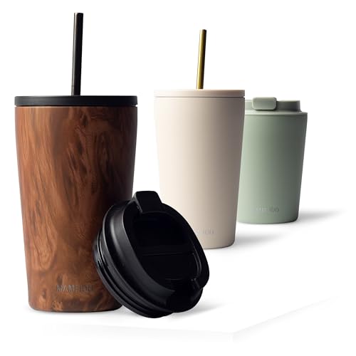 MAMEIDO Thermobecher mit Strohhalm 700 ml, Trinkbecher mit Deckel und Strohhalm aus Edelstahl doppelwandig isoliert, auslaufsicher, Coffee to go Becher (Oak Wood)