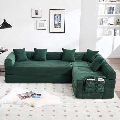 KOMHTOM Canapé 4 Places en Velours Côtelé avec 5 Coussins Confortables, DIY Libre et Structure Métal - Canapé Convertible Multifonctionnel Moderne (Vert-C)