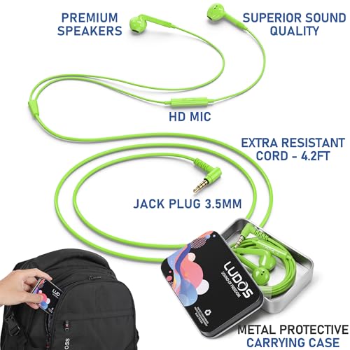 Image of LUDOS FEROX Wired Earbuds in-Ear Headphones, 5 Year Warranty, Earphones with Microphone, Noise Isolation Corded for 3.5mm Jack Ear Buds for iPhone, Samsung, Laptop, Kids, School Students - Green