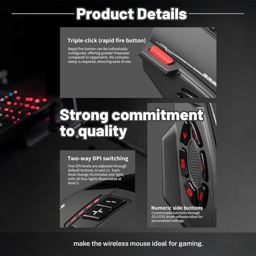 Image of Wireless Gaming Mouse, RGB Dual Mode Bluetooth Mouse Up 24,000 DPI, 13 Macro Programmable Buttons, Optical Computer Mouse 50Hrs for PC Laptop MOBA FPS, PMW-3311, Comfort Grip (Black)
