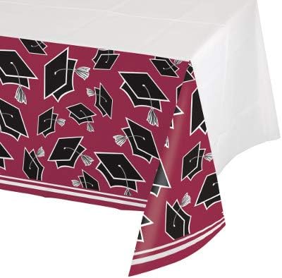 Creative Converting Club Pack Graduation School Spirit Burgundy Color Printed Plastic Tablecover 54in x 102in, Box of 12 Tablecovers