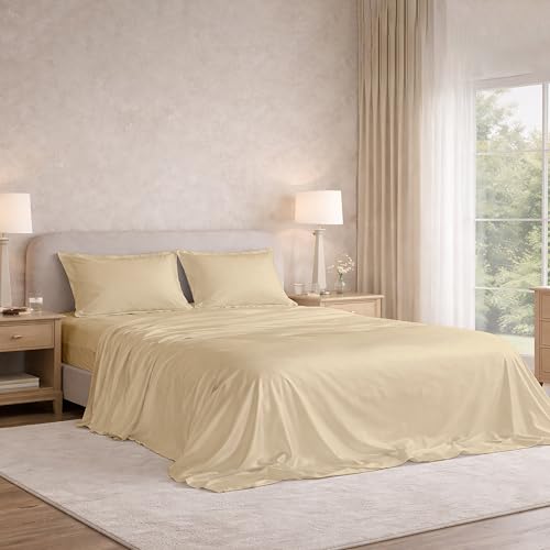 Image of Filbert Satin Bedsheet with 2 Pillow Covers | 92x108 in |300 TC | Midnight Luxe Satin Dreams Collection for Double Bed King Size | UltraSatin Premium Bedding Set | Beige