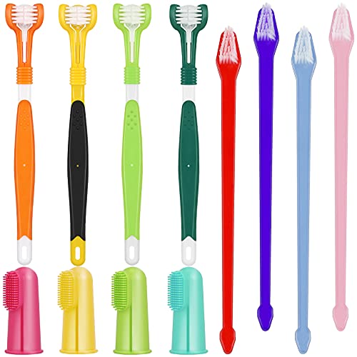 12 Pieces Pet Toothbrush Set for Dental Care, Include 4 Pieces Dog Toothbrush, 4 Long-Handled Double-Headed Toothbrushes and 4 Silicone Dog Finger Toothbrush for Small to Large Dog Cat