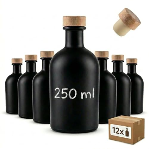 Gouveo 12 Unidades Botellas De Vidrio 250 Ml 0,25 L Botellas De Vidrio Redondas Tipo Botica Negras Con Corcho, Etiquetables Con Rotulador De Tiza Afr250shgk