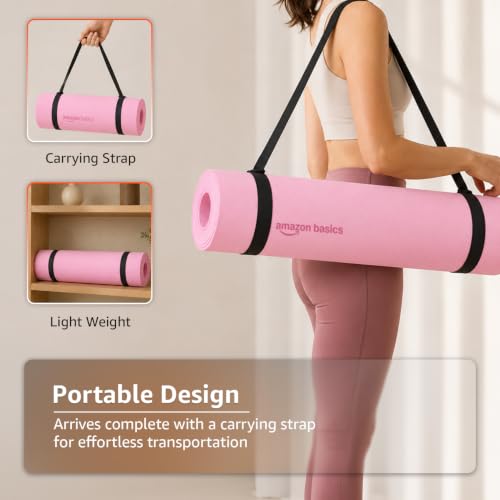 Image of Amazon Basics TPE Yoga & Exercise Mat | 6 mm Thick | Non-Slip Grippy Surface | Lightweight & Durable Rubber-Like Material | Floor Protection | Ideal for Yoga, Pilates, Stretching & Fitness | 180 x 61 cm | Pink
