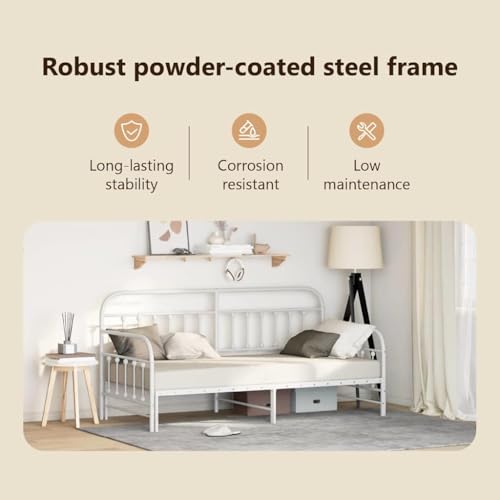 vidaXL Tagesbettrahmen Weiß 100 x 200 cm Pulverbeschichteter Stahl, Moderner rechteckiger Tagesbett-Rahmen, robuster metallischer Schlafplatz, platzsparendes Sofa für drinnen