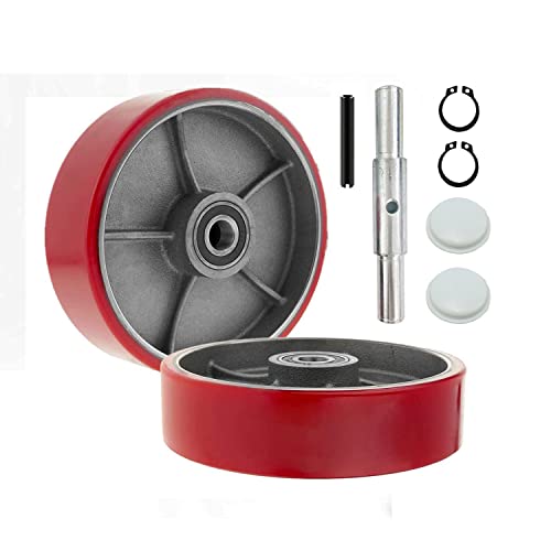 Image of Pallet Jack /Truck Steering Wheels Set with Axle, Fasteners and Protective Caps (2 pcs) 7 inch x 2 inch with Bearings ID 20mm Poly Tread Red