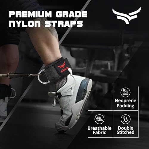 Image of XTRIM Unisex Ankle Straps with Metal D-Rings for Cable Machine, Red | With Padded Neoprene Support, For Glutes Workouts, Curls & Hip Abductors