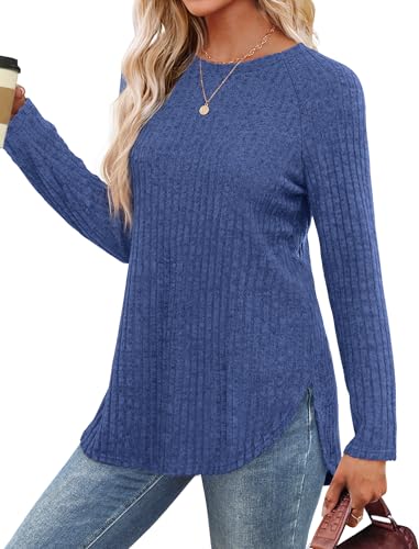 Image of Saloogoe Long Sleeve Shirts for Women 2025 Fall Clothes Tunic Tops Loose Fit Dressy Crewneck Pullover Sweaters Curved Hem