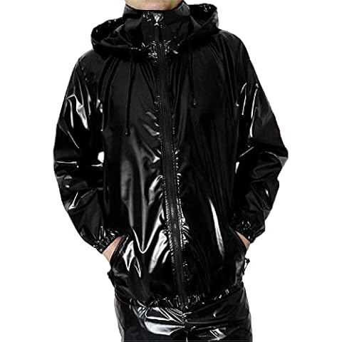 JACKETZONE Mens PVC Rain Coats | PVC Faux Trench Coat | Vinyl Shiny Coat Faux Leather Biker Jacket Cover