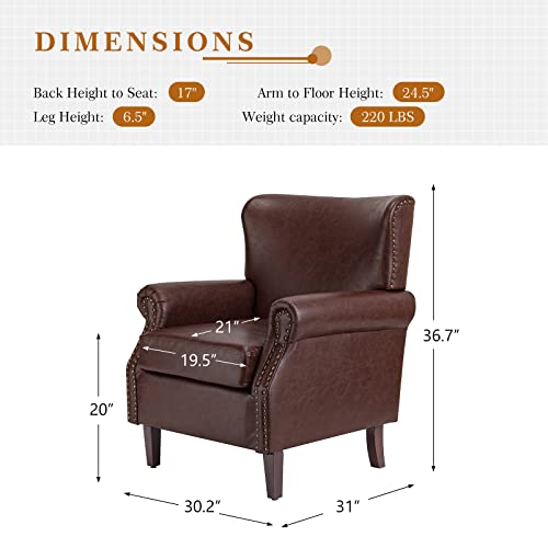 Hulala Home Faux Leather Accent Chairs Set Of 2 With Rolled Armrests & Nailhead Trim, Comfy Upholstered Living Room Armchairs With Removable Cushion, Traditional Sofa Chairs For Bedroom Office, Brown #TOP5