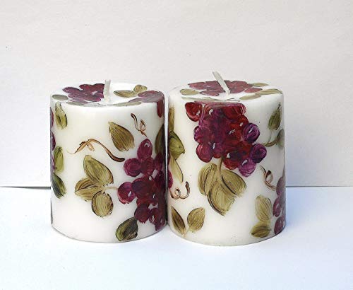 Goddess Arts Collection Handmade Decorative Set Of Two 2 3/4 Inch Tall Unscented Hand Painted Grapevines Grapes Short Pillar Candles Set Mediterranean Tuscan Home Fruit Kitchen Dining Room Decor Accents thumb #3