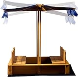 Sandkasten mit schwenkbarem Dach, Sitzbänke, Bodenplane, verschließbare Sandkiste aus Holz für Kinder, 120 x 120 x 120 cm, hellbraun - 2