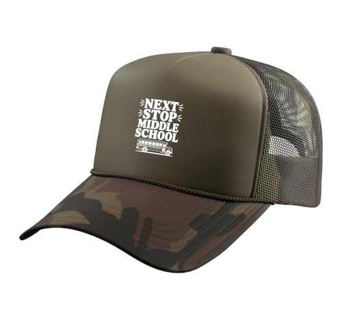 Next Stop Middle School School Bus Adventure Fun Trucker Hat with Adjustable Mesh Back, Camo Green