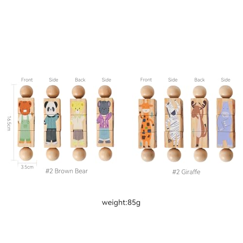 Image of Wooden Animal Puzzle Toy for Toddlers 1-3, Rotating Spin Twist Blocks Set of 2, Learning Educational Montessori Toy Gifts for Kids Boys Girls, Giraffe & Brown Bear