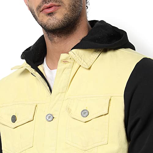 Image of Campus Sutra Men's Light-Washed Yellow & Black Regular Fit Denim Jacket For Winter Wear | Hooded Collar | Full Sleeve | Buttoned | Casual Denim Jacket For Man | Western Stylish Denim Jacket For Men
