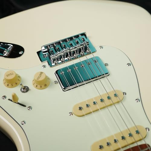 Image of SEST600 HSS Strat Electric Guitar | Roasted Maple Neck | Coil Split Humbucker | 22 Frets | 5-Way Switch | Gloss Finish | Premium Tremolo System | Strat Style Electric Guitar (Vintage white)