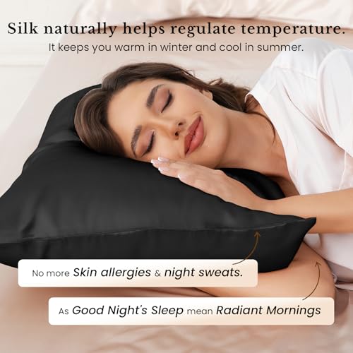 Image of THXSILK 25mm 100% Pure Mulberry 6A+ Silk Pillowcase for Hair & Skin with Zipper Closure, Gift Box, Cooling, Natural, Organic, Double Sided Silk Pillow Case (Black, Queen 20 inchx30 inch, 1pc)