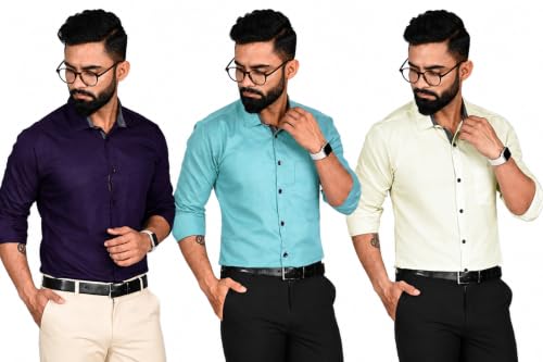 Image of Pinkmint Men's Solid Shirt | Soft Cotton Blend | Casual Shirt | Plain | Full Sleeve - Regular Fit (Combo Pack of 3 | Available in Plus Size)