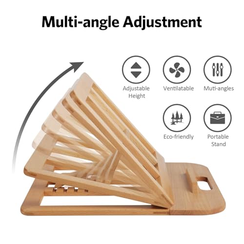 Image of Handmade Wooden Laptop Stand for Desk that is Compatible with iPad, MacBook Pro, Notebook, HP, and Dell Devices and has an Adjustable Height and Foldable Riser 15.6 inches at Most Natural
