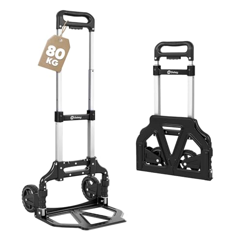 Sekey Alu Sackkarre Klappbar & Leichte Transportkarre 80 kg Tragkraft 3-Stufig Höhenverstellbar & In Sekunden Faltbar Klappkarre mit TPR-Rädern & Ergonomischem Griff Schwarz