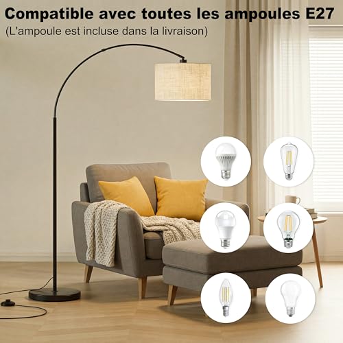 Lampe sur pied cintrée marctronic E27 avec hauteur réglable beige