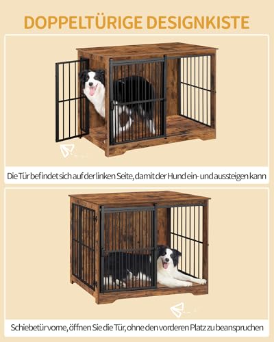 Hzuaneri Hundekäfig Möbel, 110cm Hundebox, 2 Türen, Moderne Hundekäfig Indoor für kleine/mittlere/große Hunde bis 100 kg, Beistelltisch, Verstärkte Schiebetür, 65 × 110 × 81 cm, Vintagebraun DFC84401B