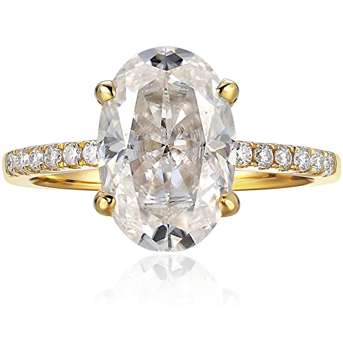 espere 14K Yellow Gold 3 Carat Moissanite Oval Engagement Ring | Solid Gold Solitaire Ring with Plain Band | 14K Gemstone Engagement Ring (Paved Band, 5)