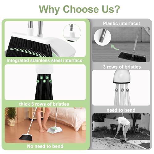 Image of Broom with Dustpan Combo Set for Home, 52-in Long Adjustable Handle Angle Broom and Dustpan Set with Dustpan Comb Teeth for Sweeping Pet Hair Food Dirt Kitchen (White-Green)