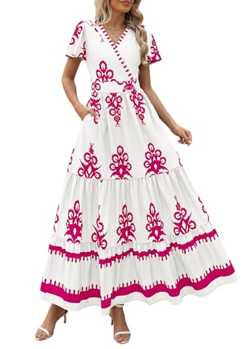 Image of PRETTYGARDEN Womens 2026 Summer Casual V Neck Boho Maxi Dress Flowy Aline Bell Sleeve Tiered Floral Dresses with Pocket