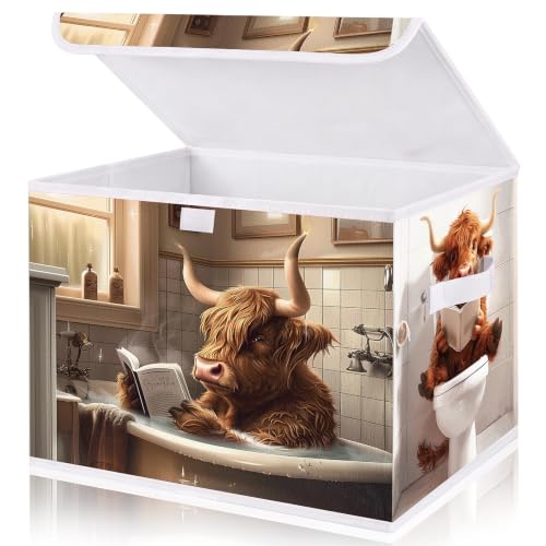 Image of Briwooody Highland Cow Storage Bin with Lid and Carrying Handle