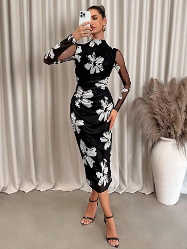 Image of Women's Summer Mesh Sheer Long Sleeve Midi Ruched Bodycon Dress Mock Neck Elegant Evening Party Cocktail Dresses