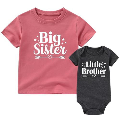 BESDEAR Big sister little brother outfit matching shirts for girls lil bro baby bodysuits Mauve Gray 2T - 3 Months
