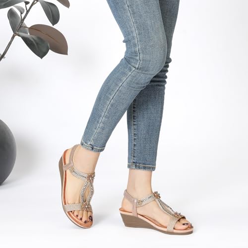 Image of Wedge Sandals for Women Dressy, Woman's Sandal Comfortable Low Wedges Heels Ankle Elastic Strap Sandles with Flower Rhinestones