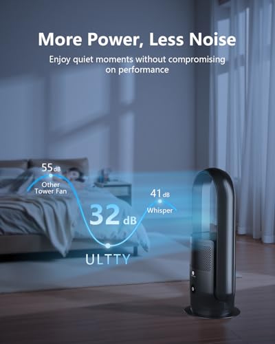 Image of ULTTY Bladeless Tower Fan and Air Purifier Combo, Quiet Oscillating Fan with Remote & Touch Control, 9 Speeds, 8H Timer, HEPA Air Filter, Safe Floor Fan for Bedroom Home Office Black, 23.5 inchinch