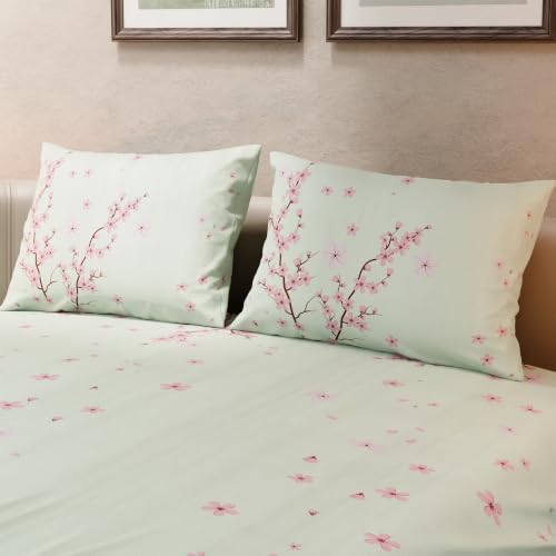 Image of BLISSHOME SoftTouch 140TC Cotton King Size Printed Bedsheet with 2 Pillow Covers for Double Bed, Silky Smooth Bedding Set, Breathable, Easy Maintain, Floral Print - Pink, White