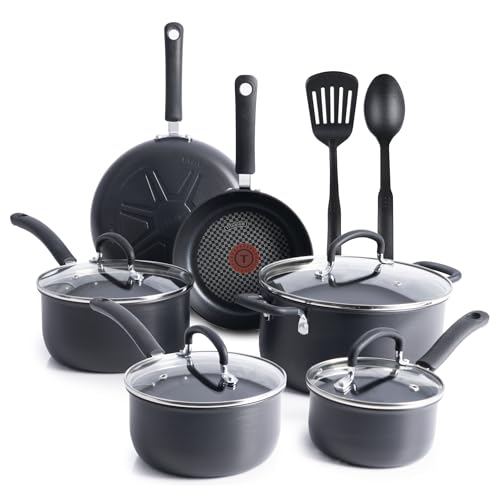 T-fal Ultimate Hard Anodized Nonstick Cookware Set 12 Piece, Oven Broiler Safe 400F, Lid Safe 350F, Kitchen Cooking Set w/Fry Pans, Saucepans, Dutch Oven, Pots and Pans, Dishwasher Safe, Black