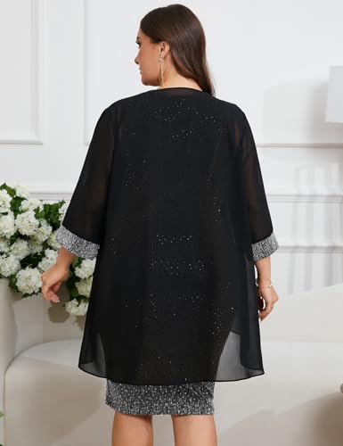 Image of ZOMVA Plus Size Sparkly Formal Dress Suit 2 Piece Mother of The Bride Groom Chiffon Jacket Outfit Cocktail Evening